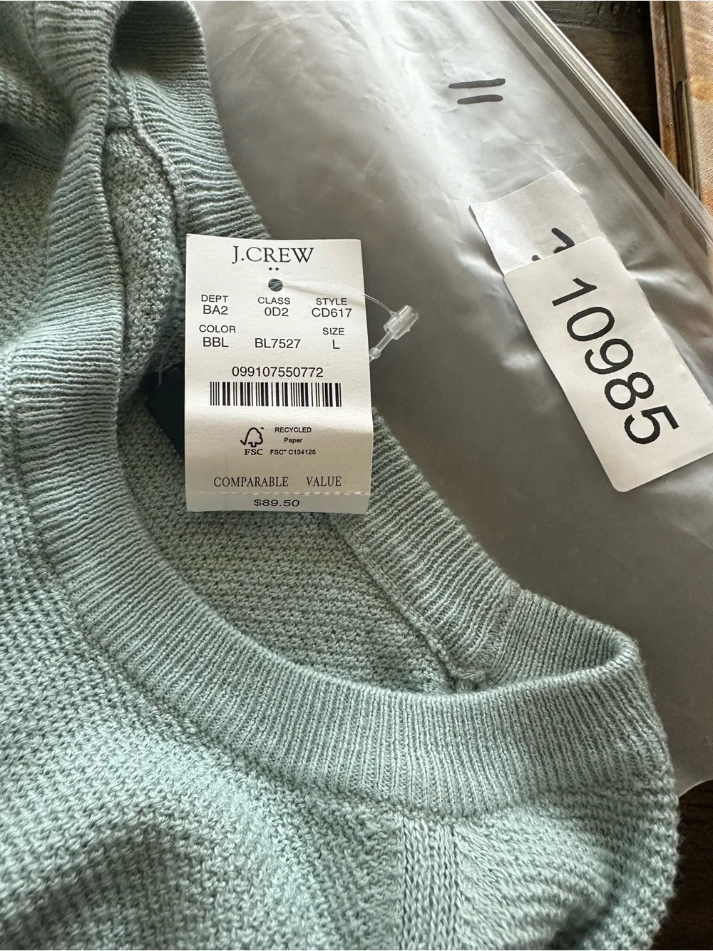 NWT J. Crew Lightweight Pale Green Crew Neck Sweater - Size L
